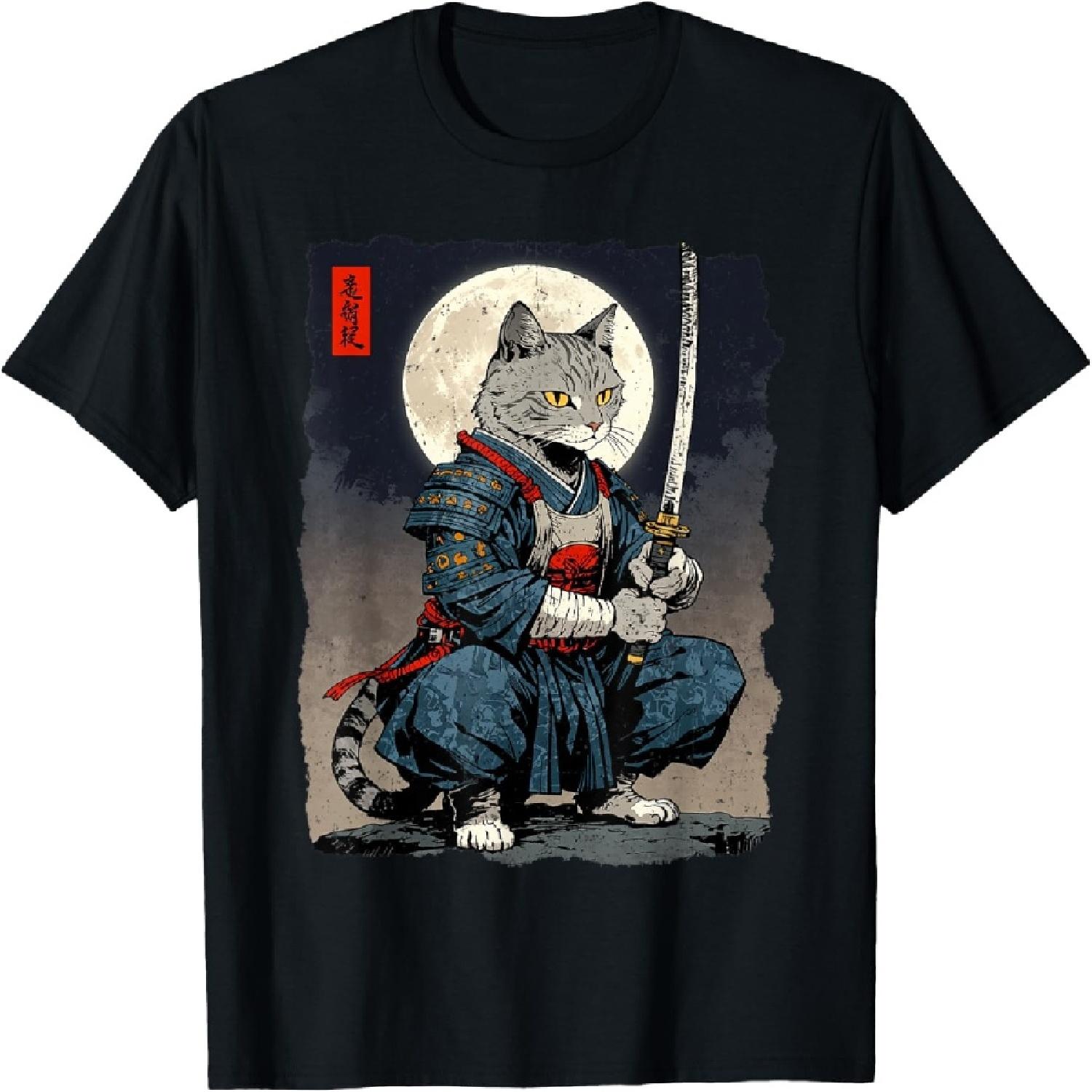 Самурайский Кот Японский Ретро Кот-Боец Кот Луна Укиё-э Воин Футболка S