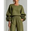 Women's new solid color round neck long-sleeved floral wide-leg pants loose casual suit two-piece set