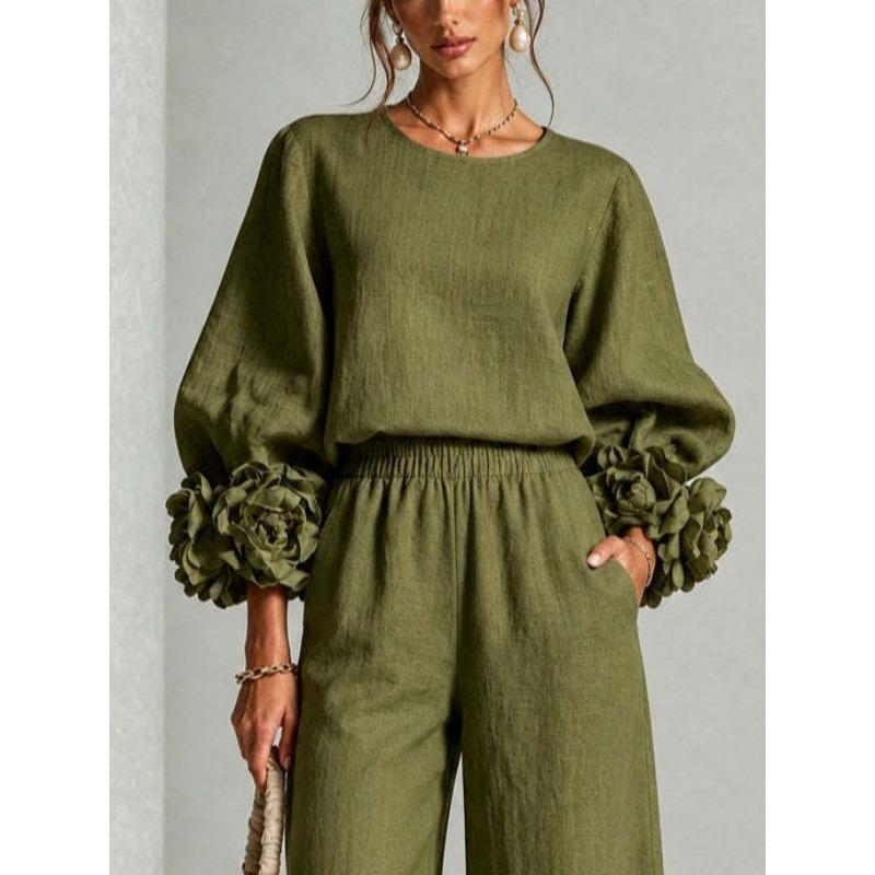 Women's new solid color round neck long-sleeved floral wide-leg pants loose casual suit two-piece set