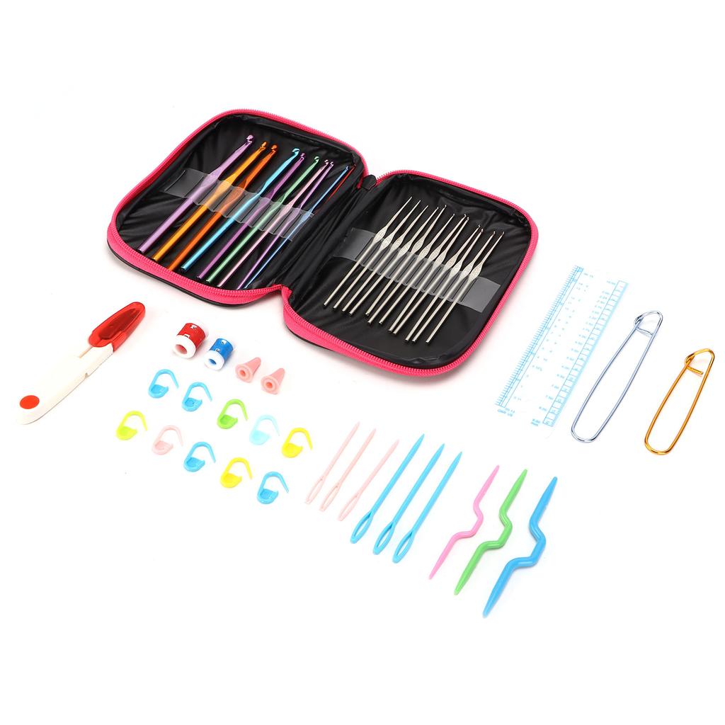22pcs Crochet Hooks Ergonomic Design Knitting Needles Colored Alumina Hook with Accessory ToolsRose