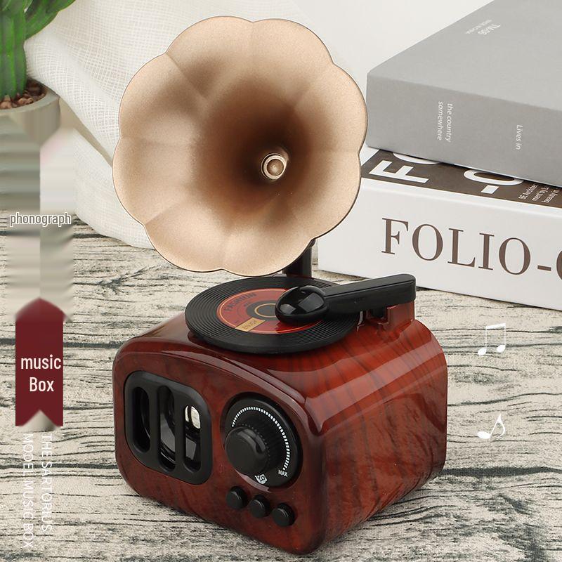 Mini Retro Gramophone Music Box - Rotating Record Player Ornament for Children's Holiday & Living Room Decor