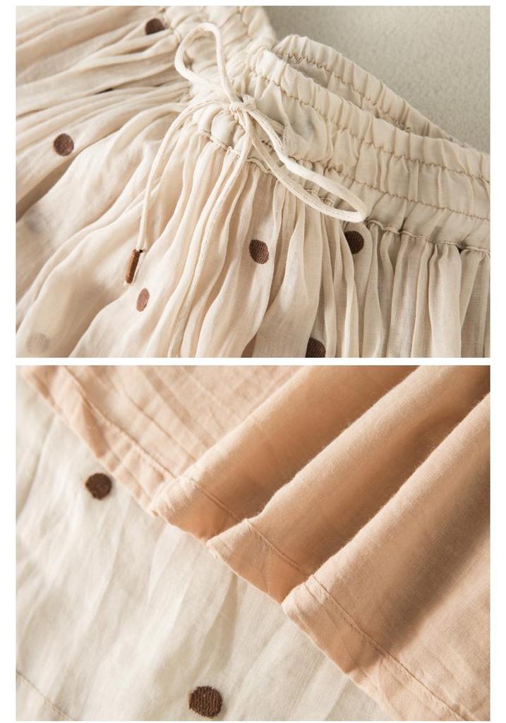 2025 Spring/Summer Women's Cotton Linen Polka Dot Pleated Midi Skirt with Elastic Waist