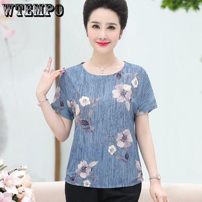 Ice Silk Thin Women's T-shirt Round Neck Short-sleeved Loose Summer Casual Top Printed T-shirt Fabric Is Smooth Light and Breathable