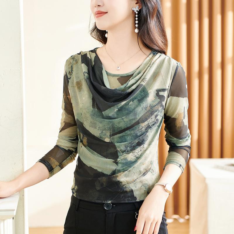 Korean Mesh Print Temperament Collision Color Mesh Yarn Round Neck Fashion Bottoming Shirt Inside Slim Hundred Mom Pleated Long-sleeved T-shirt Female