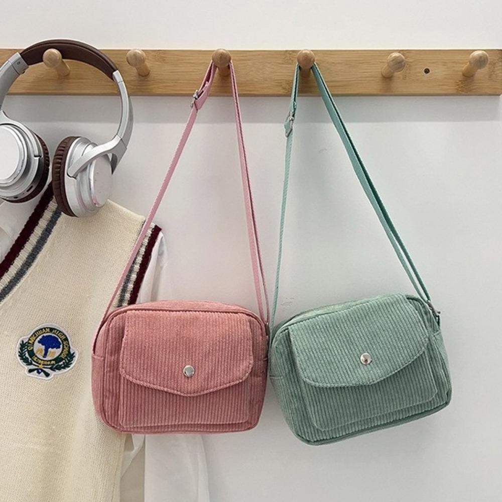 New Corduroy Striped Crossbody Bag Solid Colour Adjustable Strap Lady's Square Bag Simple Design Mini Coin Pouch for Casual Wear