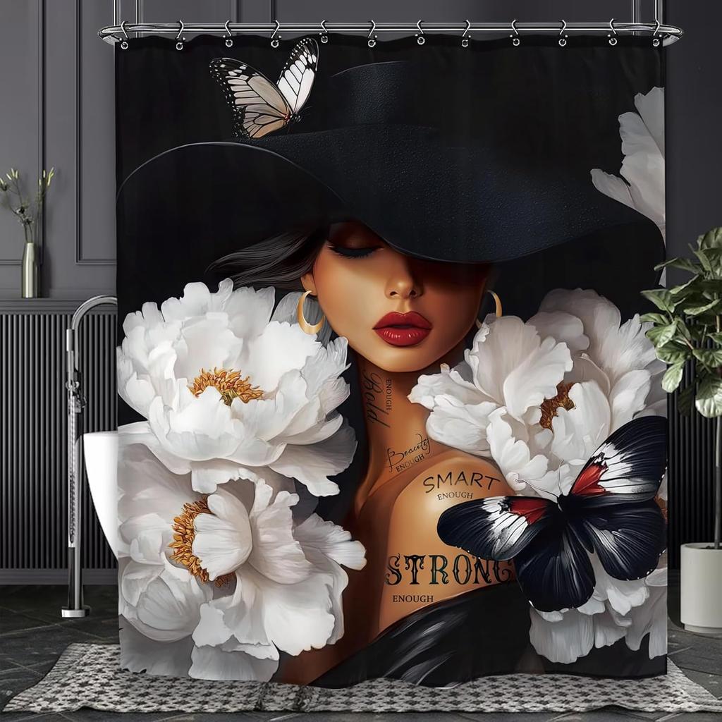 African American Flower Shower Curtain, Black Girl Marble Design, Inspirational Motivational Print, Waterproof Polyester