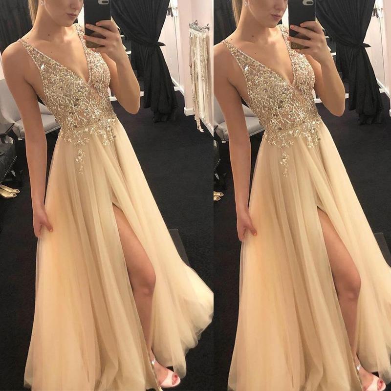 Shiny evening dress European and American summer gold V-neck splicing dress party evening dress female