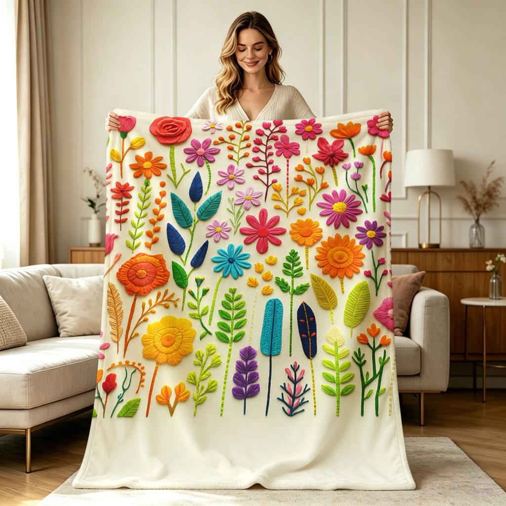 Soft Flannel Blanket with Colorful Embroidered Wild Floral Print All Season Warm Throw Blanket for Couch Chair Bedroom Office Home Decorative Cozy Lig
