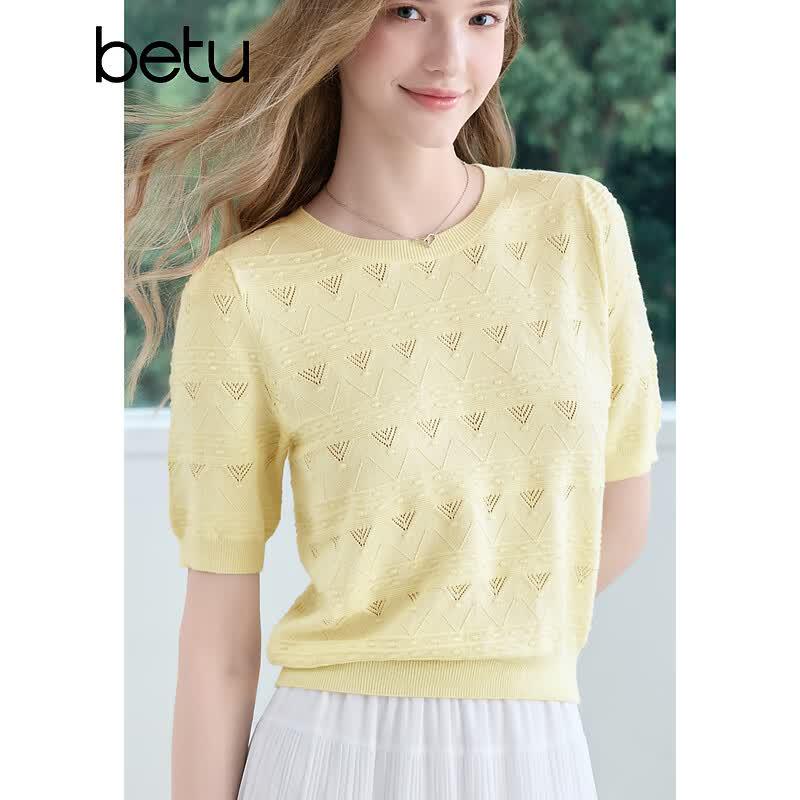Baitu Women's French Hollow Jacquard Knit Short Sleeve Top