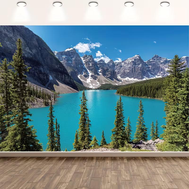 2D Rocky Mountain Alpine Lake Scenic Outdoor Landscape Photography Background Cloth