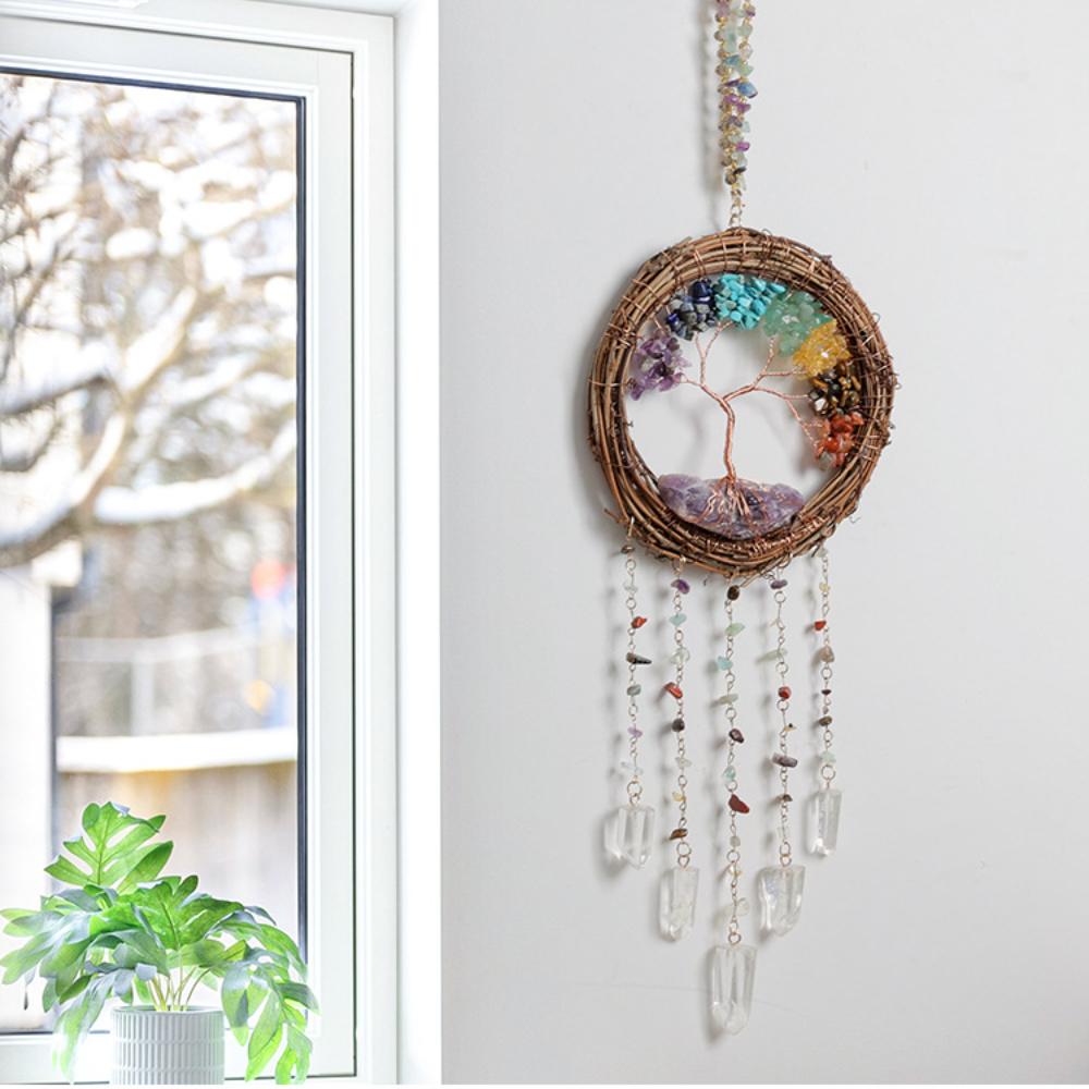 Handmade Natural Wood Vine Ring Christmas Wreath with Crystal Stone Wind Chime Children's Room Bedroom Craft Decoration Pendant