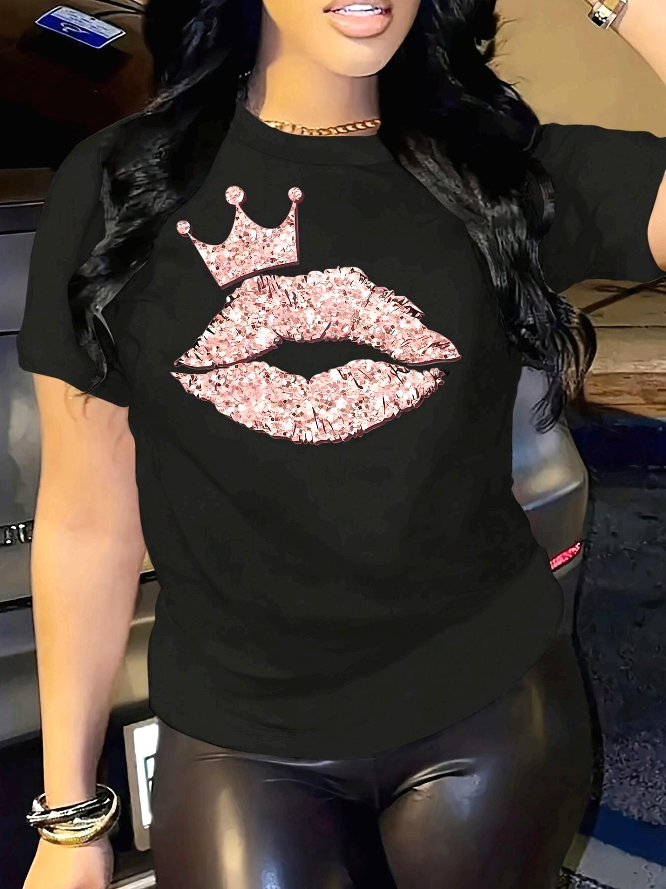 Glitter Lips Crown Black Graphic T-shirt XXXXL