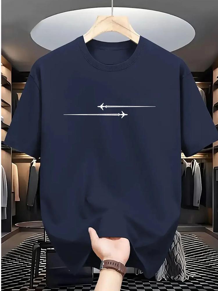 T-shirt d'été décontracté pour homme, tissage lâche, motif avion créatif imprimé, confortable, sport, col rond, manches courtes