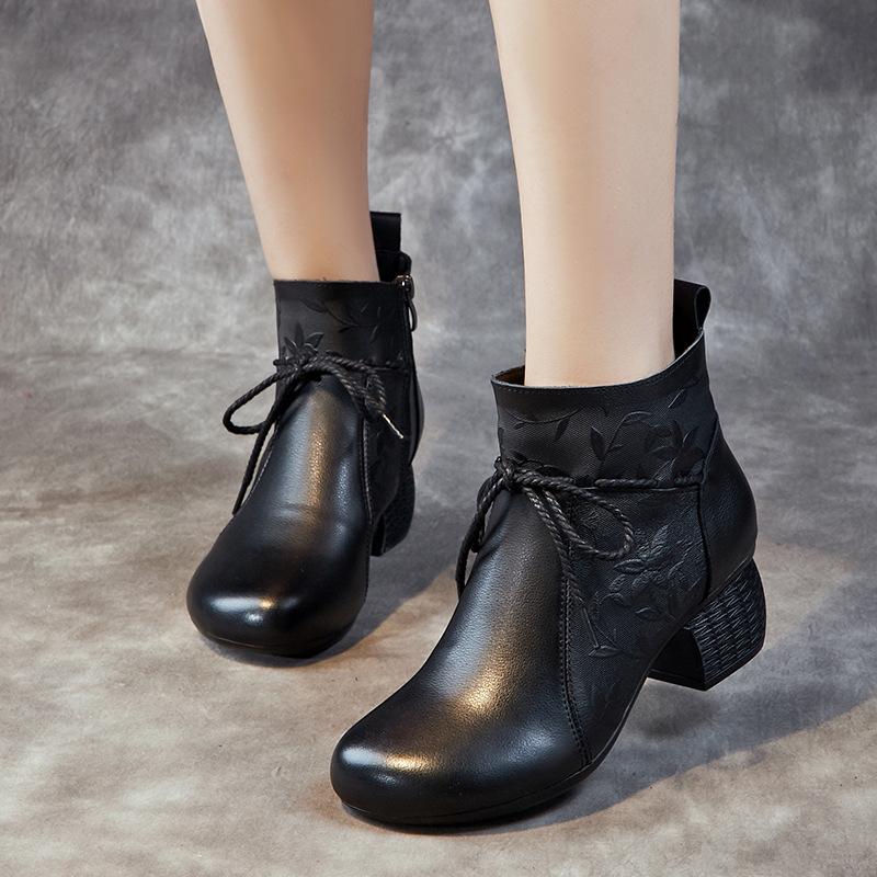 Shoes Women's Thick Heel Soft Sole Velvet Short Boots New Autumn and Winter Women's Shoes Retro First-layer Cowhide Cotton Shoes
