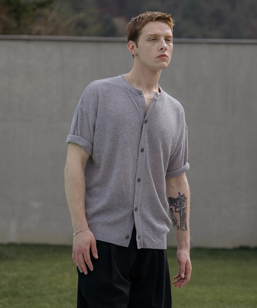Decoroso Linen-Like Round Neck Short Sleeve Knit Cardigan [Gray]