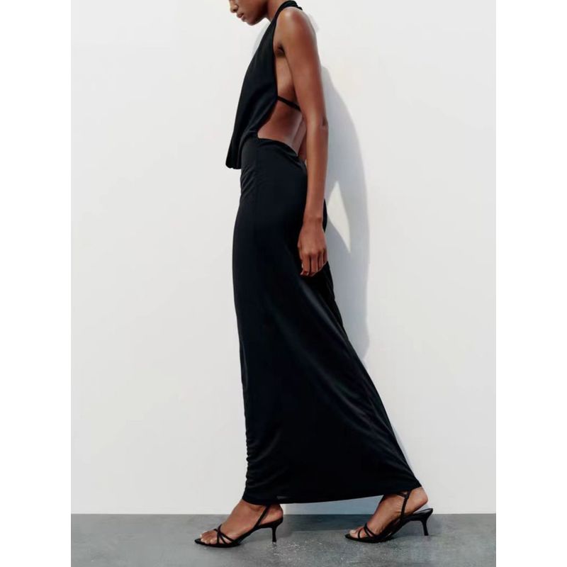 Za2024 Summer New Product Women's Clothes Sexy Open Back Ruched Hanging Collar Dress Long Skirt 3152242 800