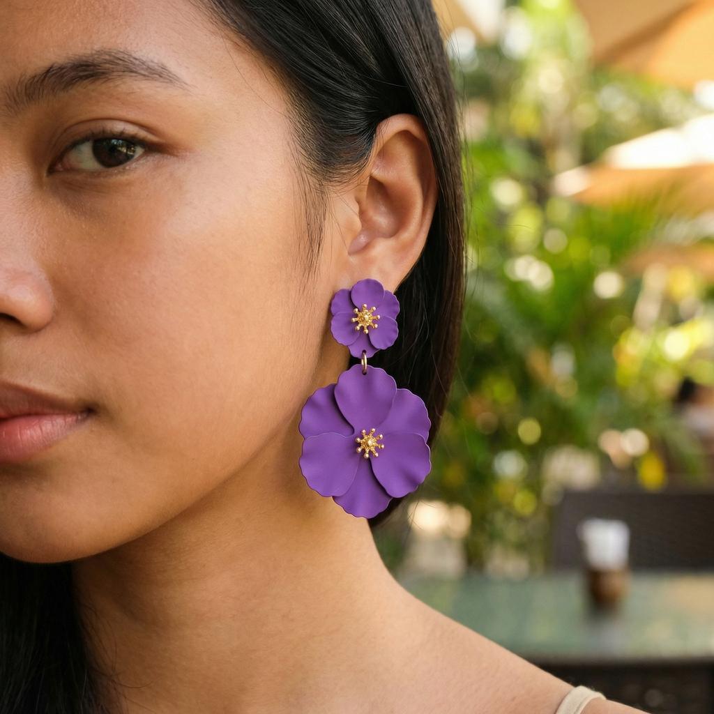 Big Flower Drop Earrings for Women Exaggerated Double Floral Dangle Earrings Statement Charm Jewelry for Wedding Party