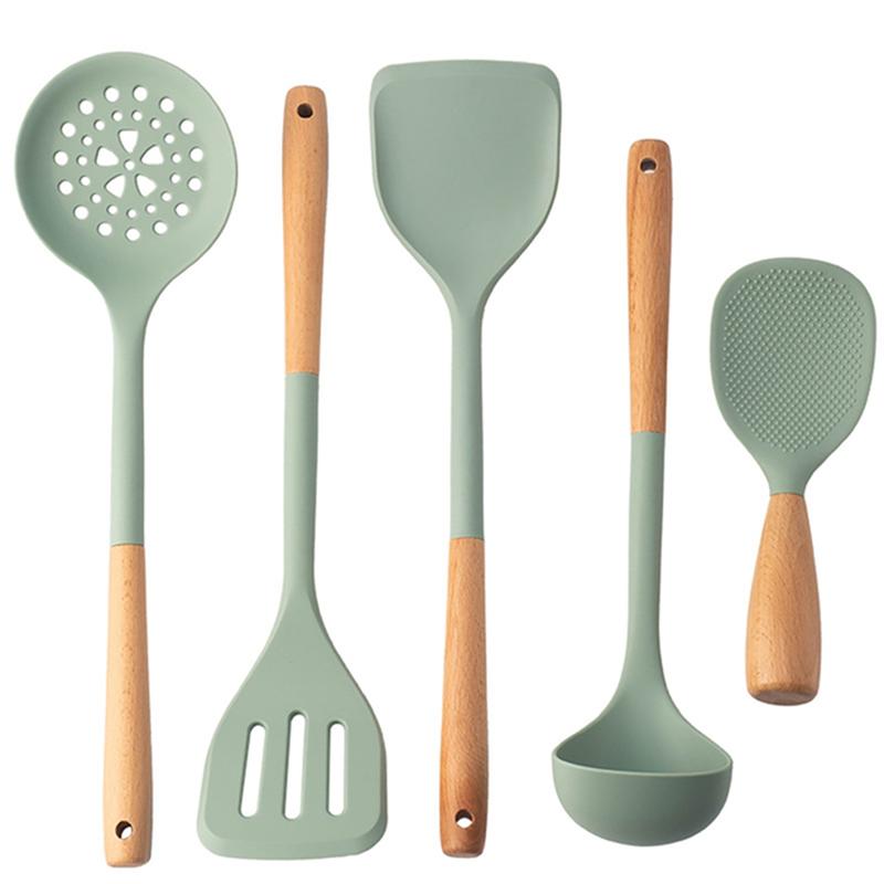 

Classy-5Pcs Silicone Kitchen Utensils Set With Wooden Handle Non-Stick Spatula Cooking Set Frying Spatula Ladle Rice Spoon