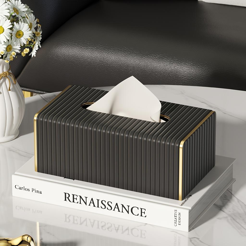 Elegantní kryt na krabičku na kapesníky z umělé kůže v severském stylu s italskými pruhy, obdélníkový design v bílo-zlaté barvě pro obývací pokoj, jídelnu, koupelnovou dekoraci