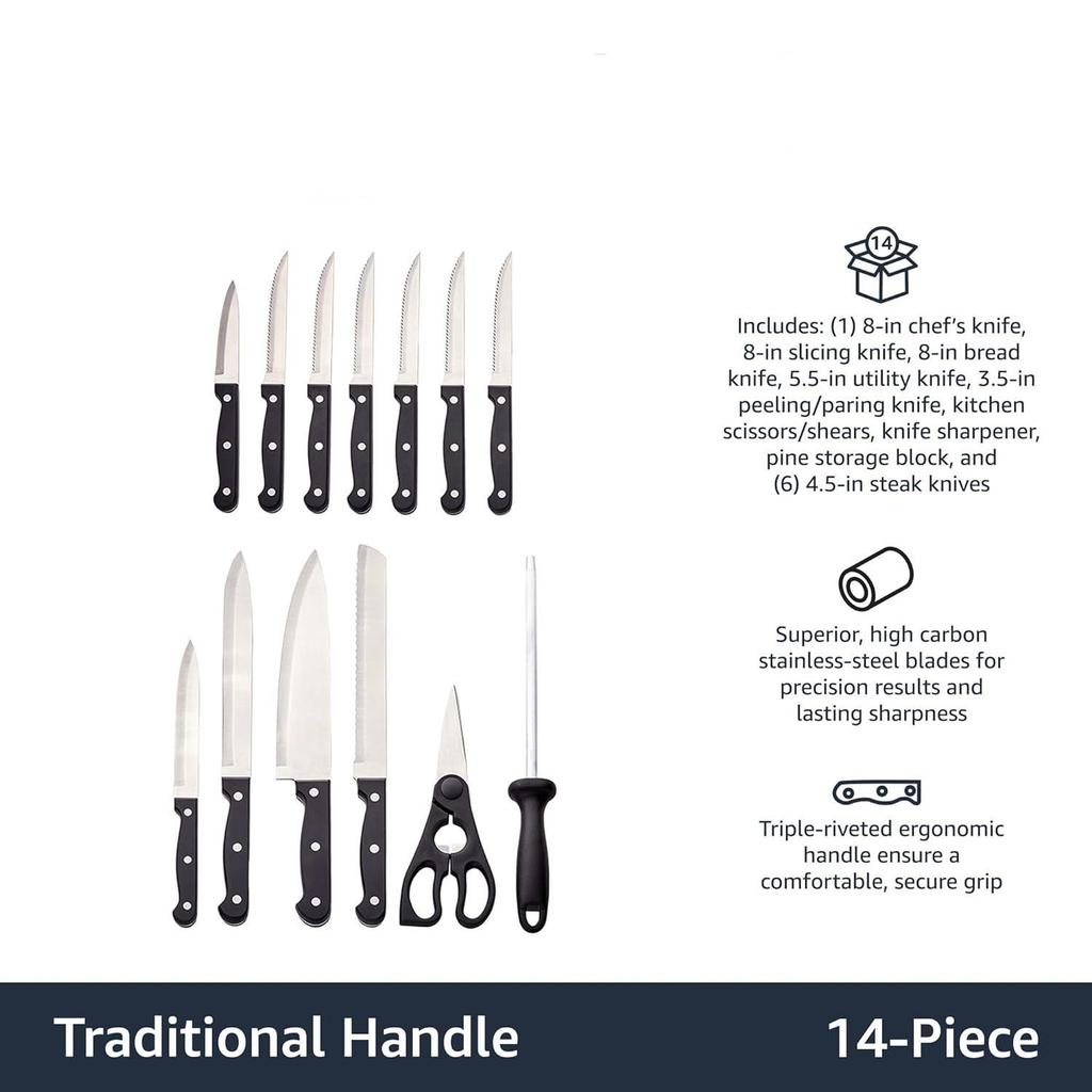 Set de cuțite din oțel inoxidabil cu lame cu conținut ridicat de carbon și bloc din lemn de pin, 14 bucăți