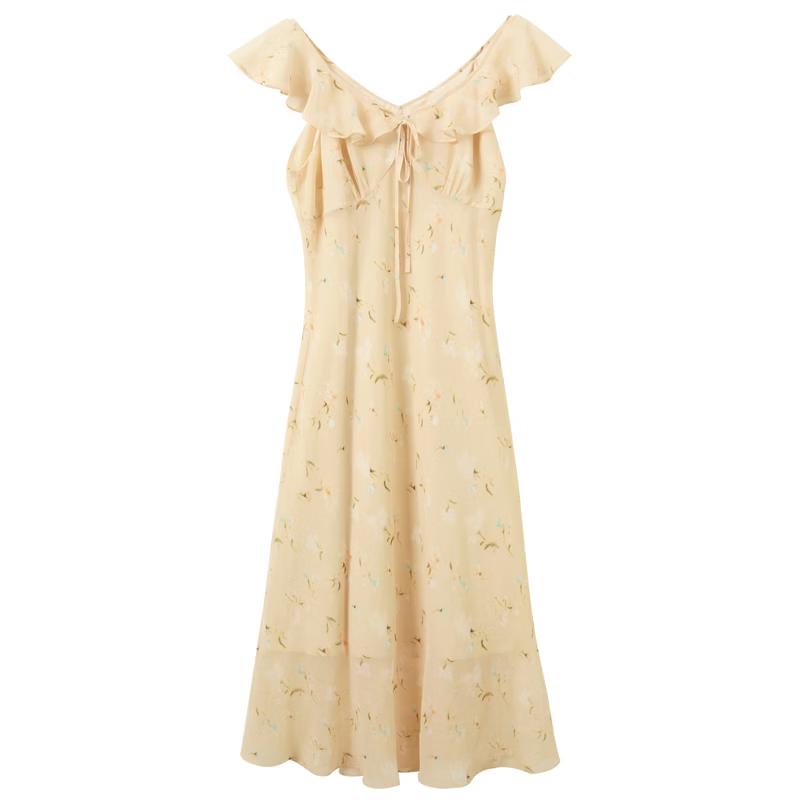 French Style Floral V-Neck Chiffon Maxi Dress L