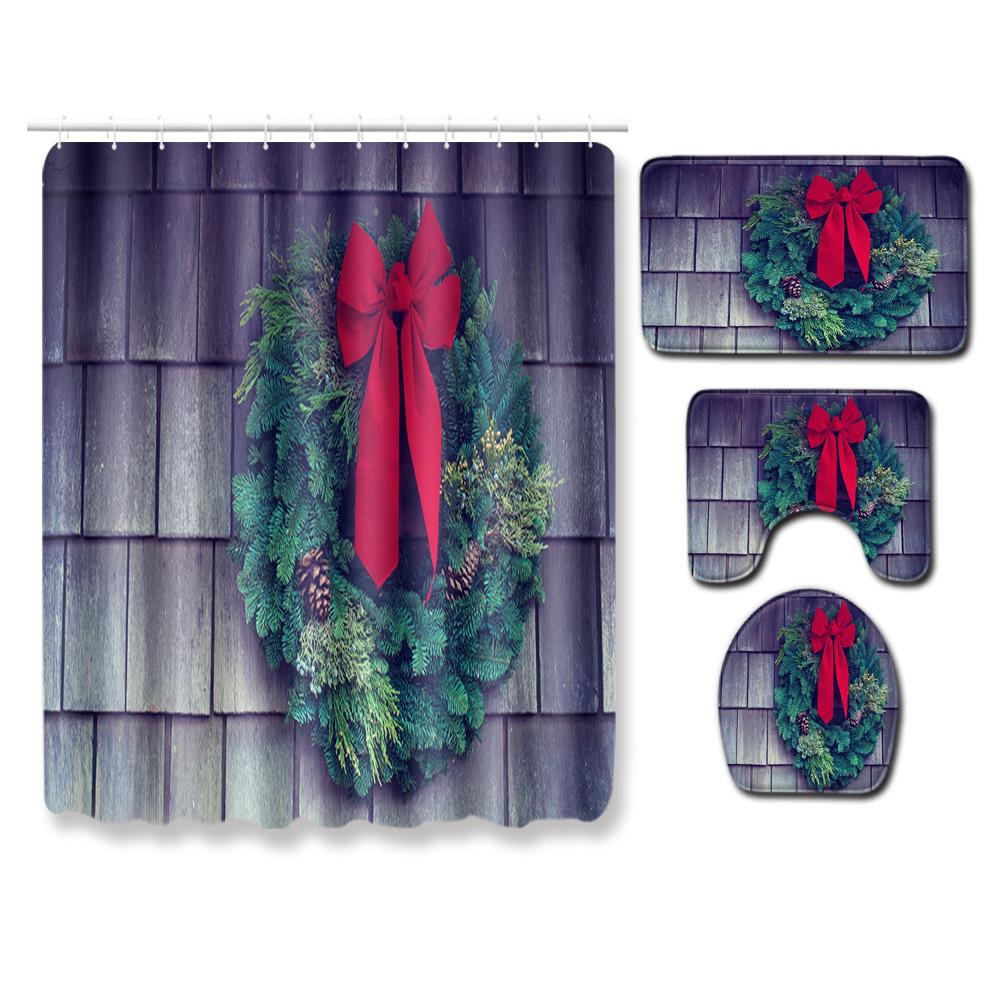 Christmas Elements Bathroom Shower Curtain Floor Mat Toilet Cover Foot Mat Four-Piece Pattern Size
