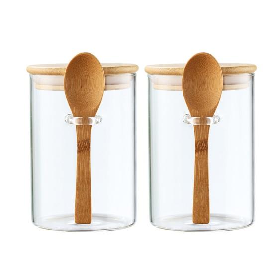 Glass Sealed Jar Transparent Glass Canister with Spoon Wooden Lid Food Storage Jar for Coffee Beans Spice Kitchen Supplies