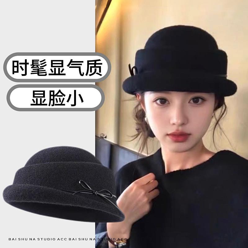 Black Top Hat Beret Women 2025 New Autumn And Winter French Hepburn Style Foreign Thousand Gold Hat Wool Bucket Hat