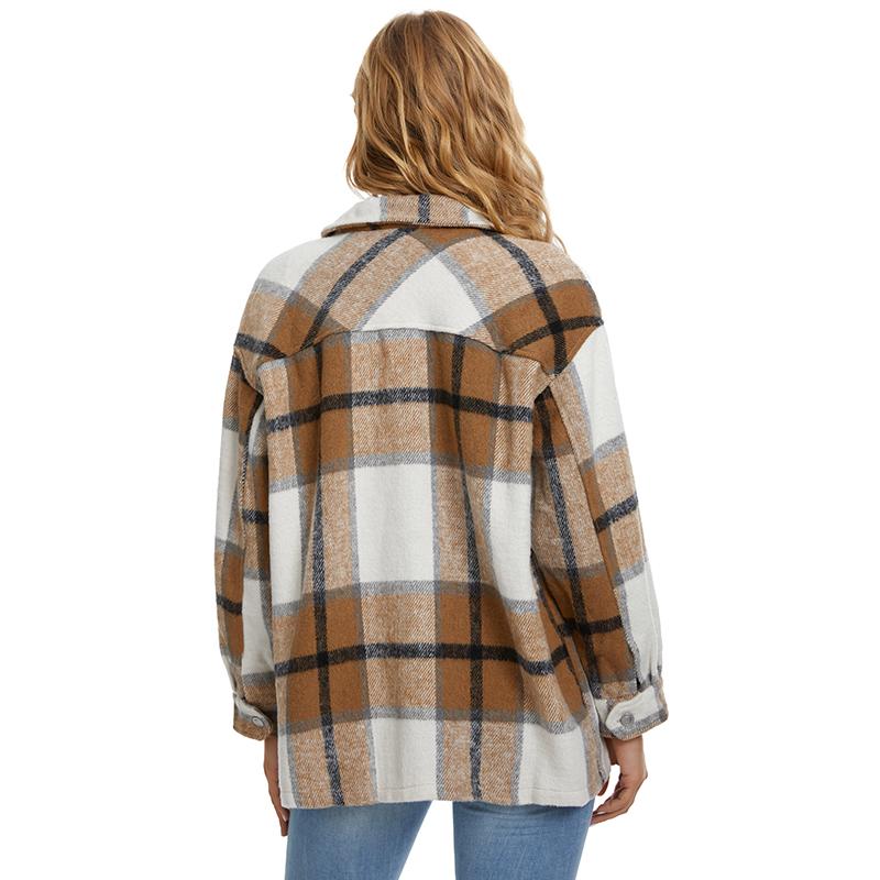 Ropa de abrigo holgada, chaqueta a cuadros, bolsillos elegantes Vintage, abrigo de manga larga de gran tamaño, cuello de solapa para mujer