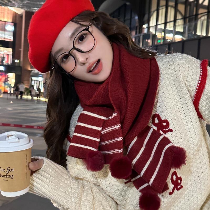 Striped Knitted Wool Scarf Women's Winter Red Hairball Scarf Warm Cute Girl Birthday Gift