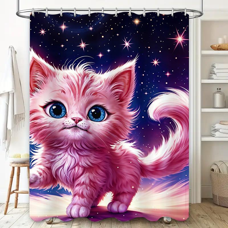 Whimsical Pink Kitty Shower Curtain: Starry Night Fantasy Decoration for Bathroom Decor Ideal Gift Idea (180x200 cm)