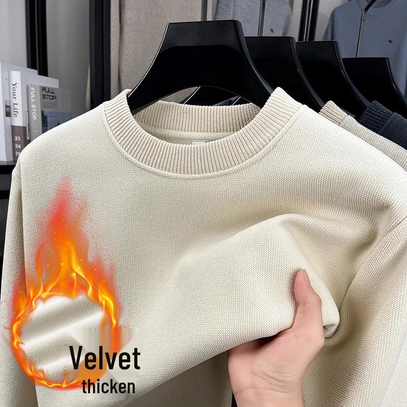 Men's Winter Warm Velvet Knit Pullover Sweater - Solid Color, Round Neck, Versatile Layer