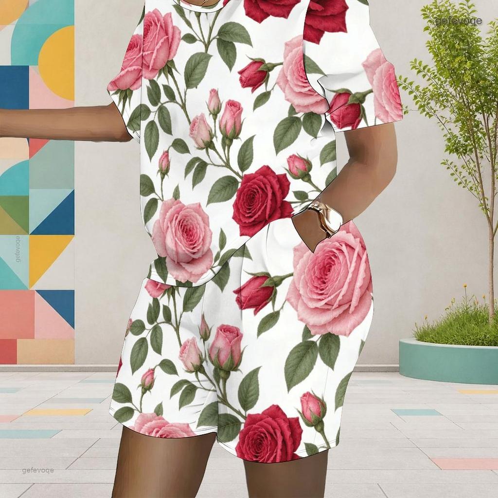 Women Plus Size Two Piece Set Round Neck Short Sleeve Printed Top And Pocket Shorts
