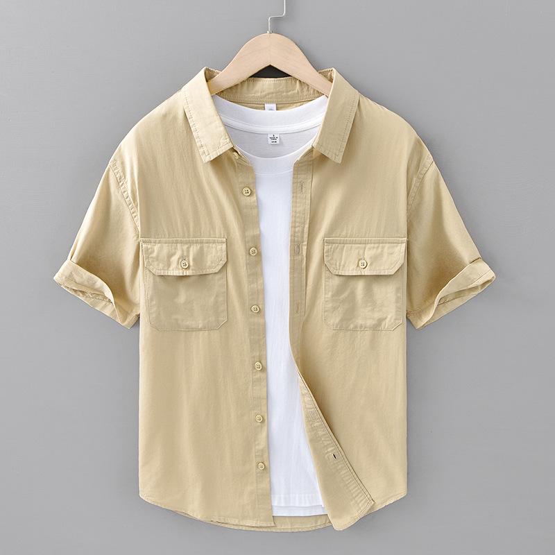 Summer Fashion Short Sleeve Shirt Men Japanese Style Workwear Double Pockets Shirt Pure Cotton Lapel Collar Casual Men Tops