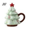 Christmas Tree Coffee Mug with Star Lid, 340ml Festive Holiday Cup for Hot Themed Beverage Drinkware Cocoa And Milk, Retro Curved Handle Microwave
