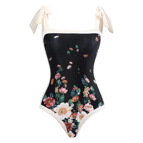 2Pcs/Set Women Printing Monokini with Skirt Sling Bandeau One-Piece Hot Spring Swimsuit with Beach Cover Up
