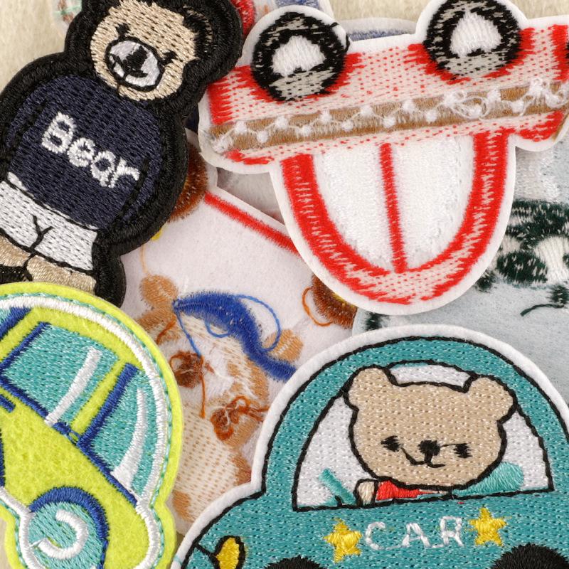 Cartoon Car Bear Embroidery Patch - Self-Adhesive Fabric Label for Clothing Accessories