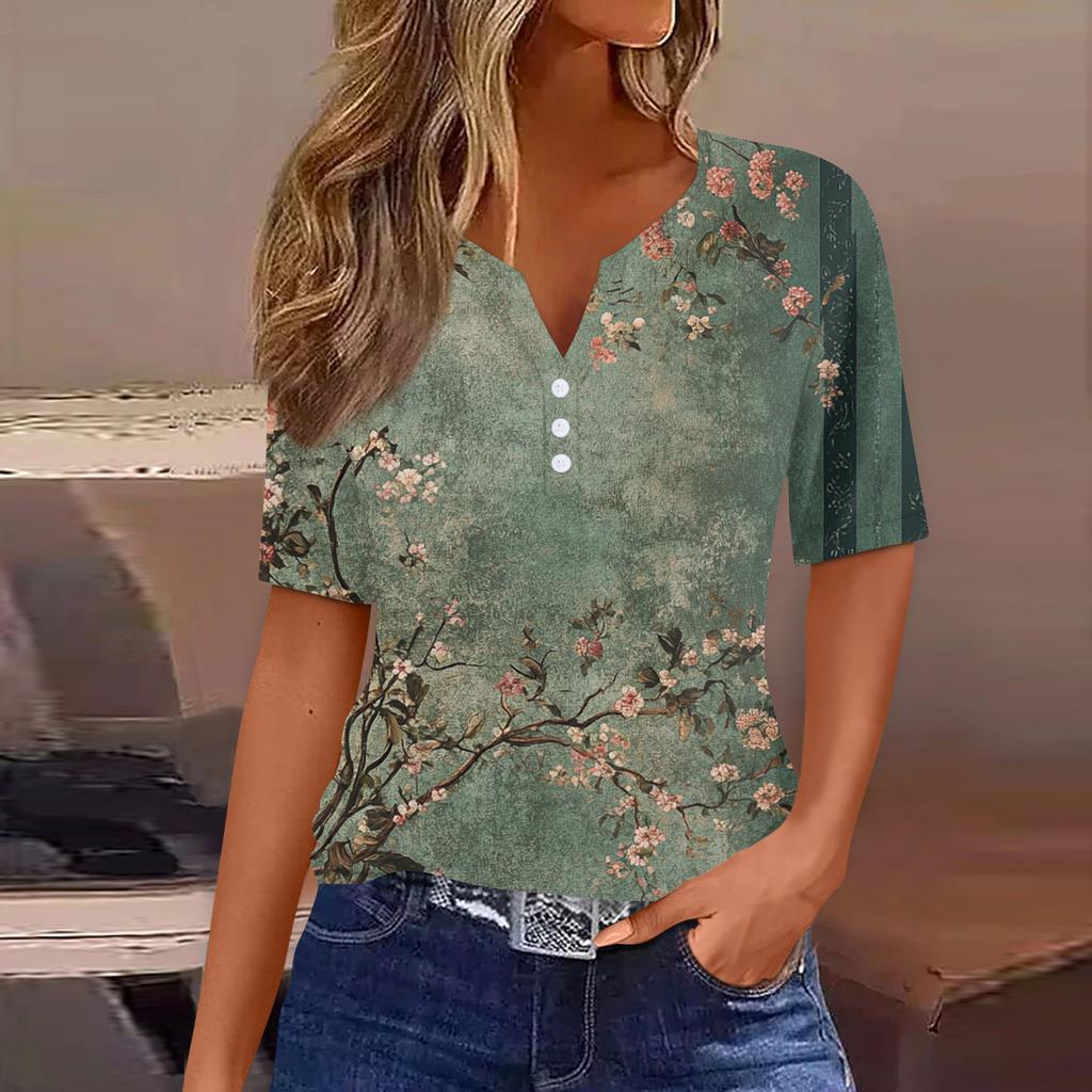 Damska koszulka z nadrukiem, guzikami, krótkim rękawem, codzienna, weekendowa, modna, podstawowa, dekolt w serek, regularna góra