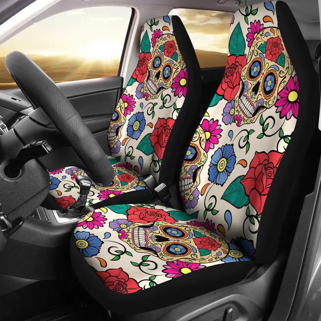 Set Of 2 Sugar Skull Day Of The Dead Car Seat Covers,Pack of 2 Universal Front Seat Protective Cover