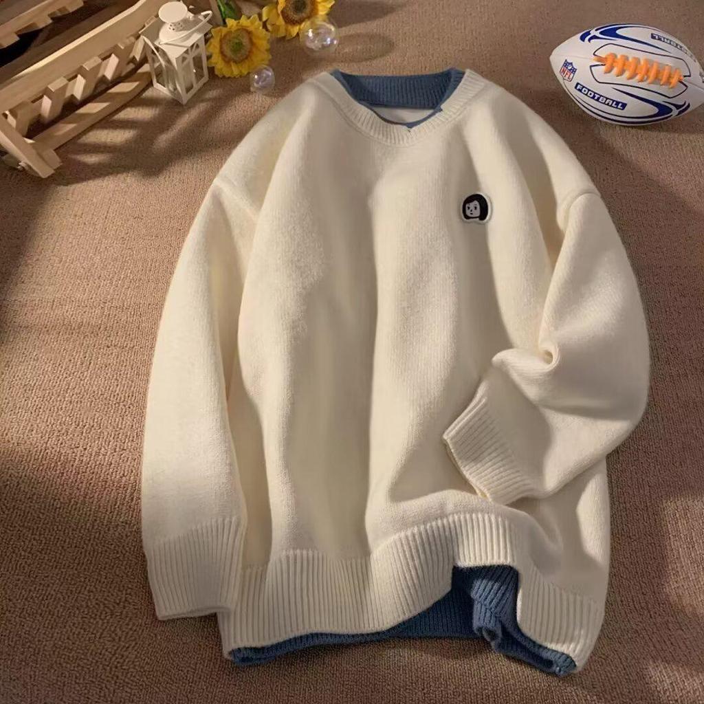 Japanese Style Color Block Round Neck Sweater - Long Sleeve, Loose Fit, Two-Piece Knitwear for Teenage Boys, Winter Fashion