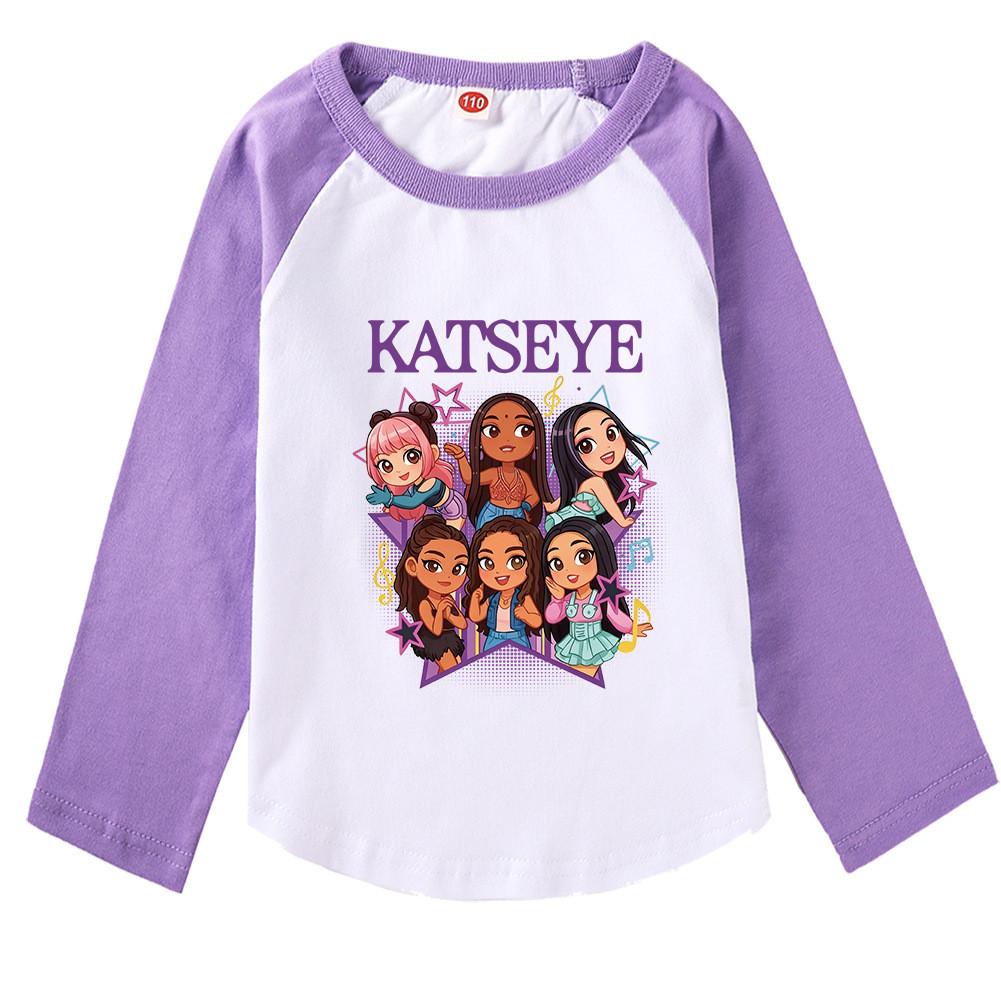 9197 Multi-color Kids Girls Katseye Print Raglan Long Sleeves T-Shirt