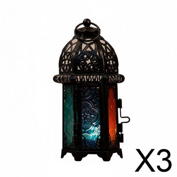 Iron Candle Holder Lantern Tealight Glass Metal Frame with Openwork Pattern And