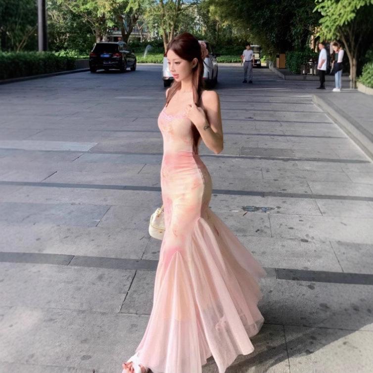 Pure desire wind floral mesh suspender dress women's summer temperament waist seaside vacation hip fish tail long skirt