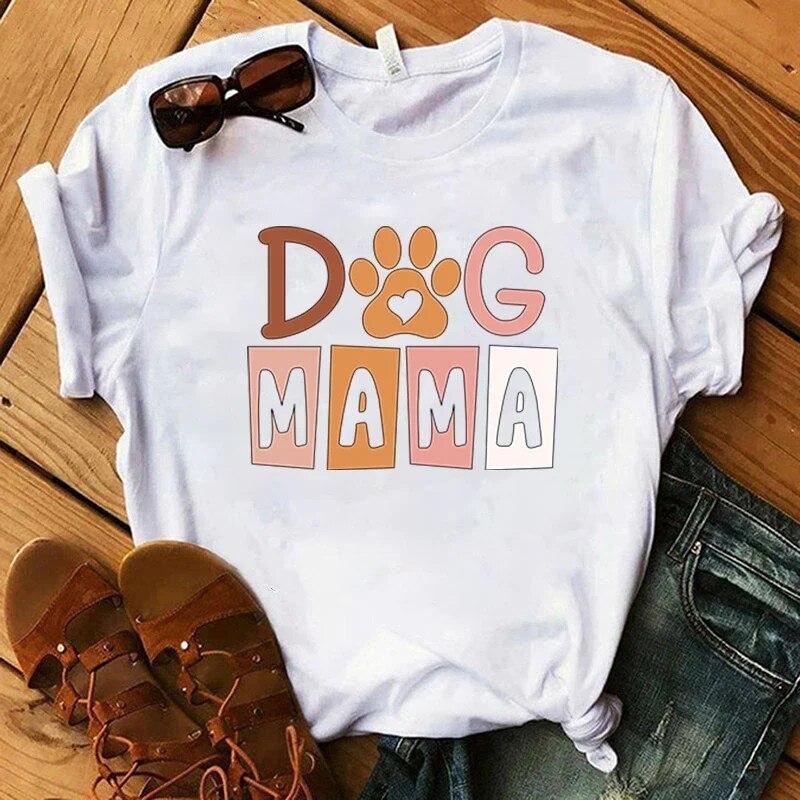 Dog Mama Printing T-Shirt Women Tees Round Neck T-Shirt