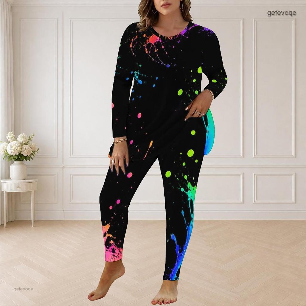 Women Plus Size Round Neck Long Sleeve Neon Print Longline Top Fitted Pants Two Piece Set