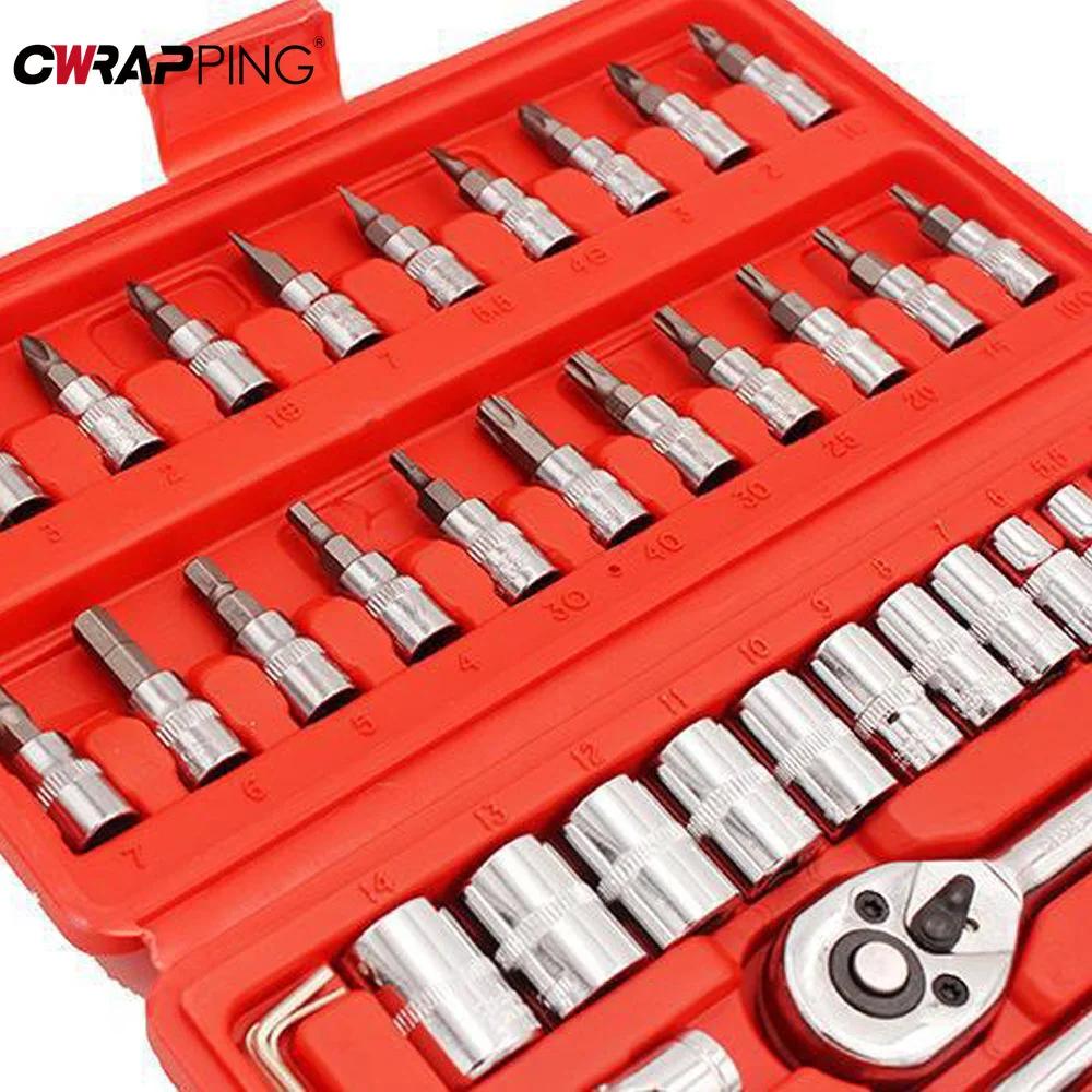 46Pc Drive Socket Set 1/4 Inch Ratchet Wrench Set with Sockets Metric Hex Bit Socket Set Mechanic Tool Kits for Hous Auto Repair