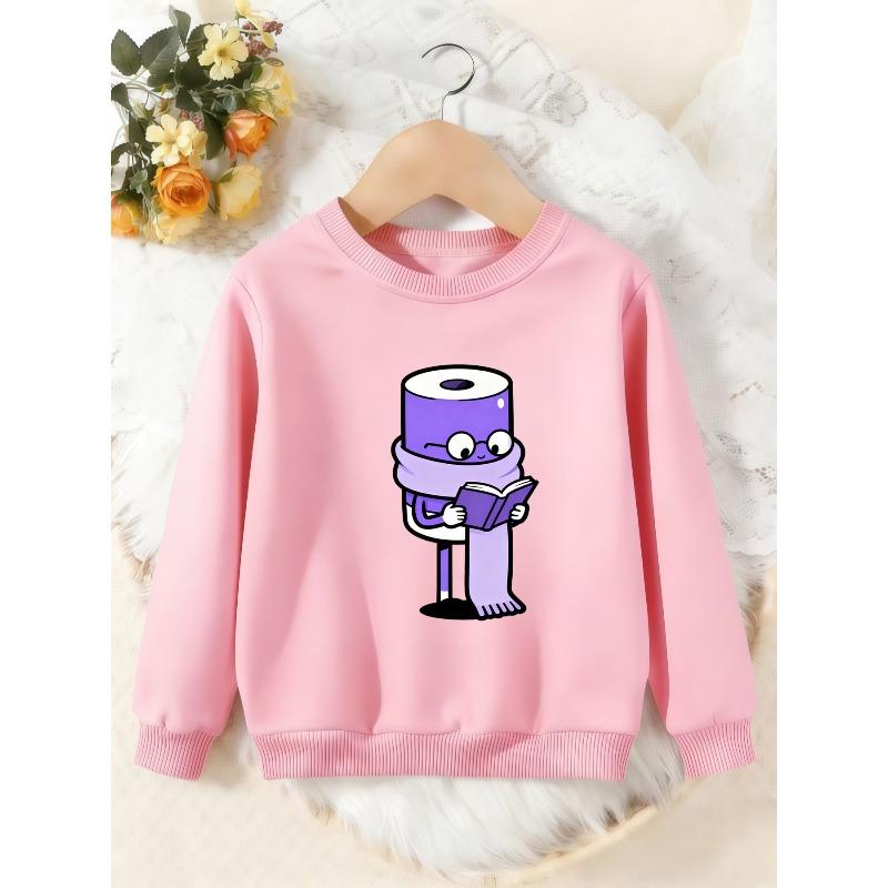 Unisex Kids Crewneck Sweatshirt, Cute Purple Toilet Paper Reading Book Cartoon Print Pullover, Boys Girls Casual Sweatshirt For Kids Over 4 Years Old