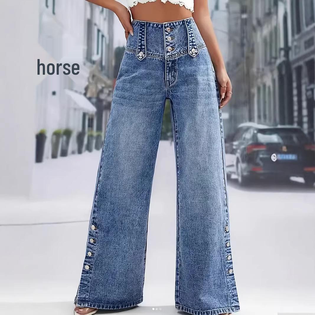 

2026 Spring Women s High Waist Wide-Leg Retro Split Hem Denim Jeans Extra Large синий