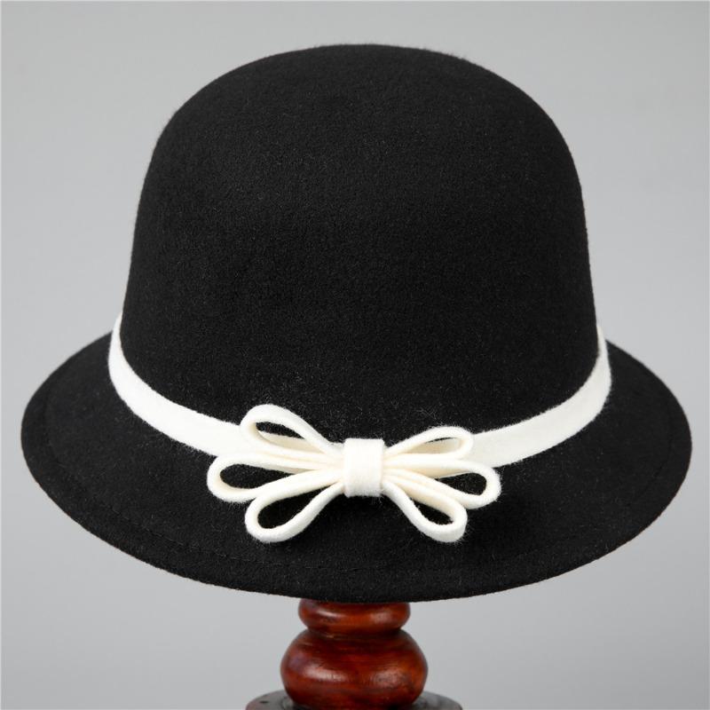 

Black and white bow bowler hat women s autumn and winter woolen basin hat bucket hat felt hat M（56-58cm）