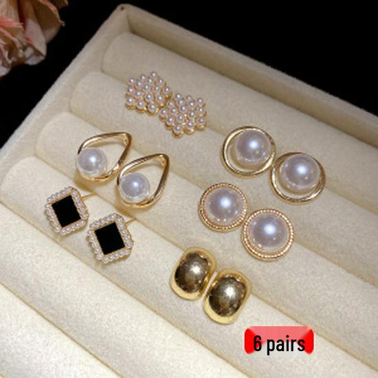12-Piece Vintage Silver Needle Faux Pearl Geometric Stud Earrings Set - Stylish, High-End Jewelry for Women